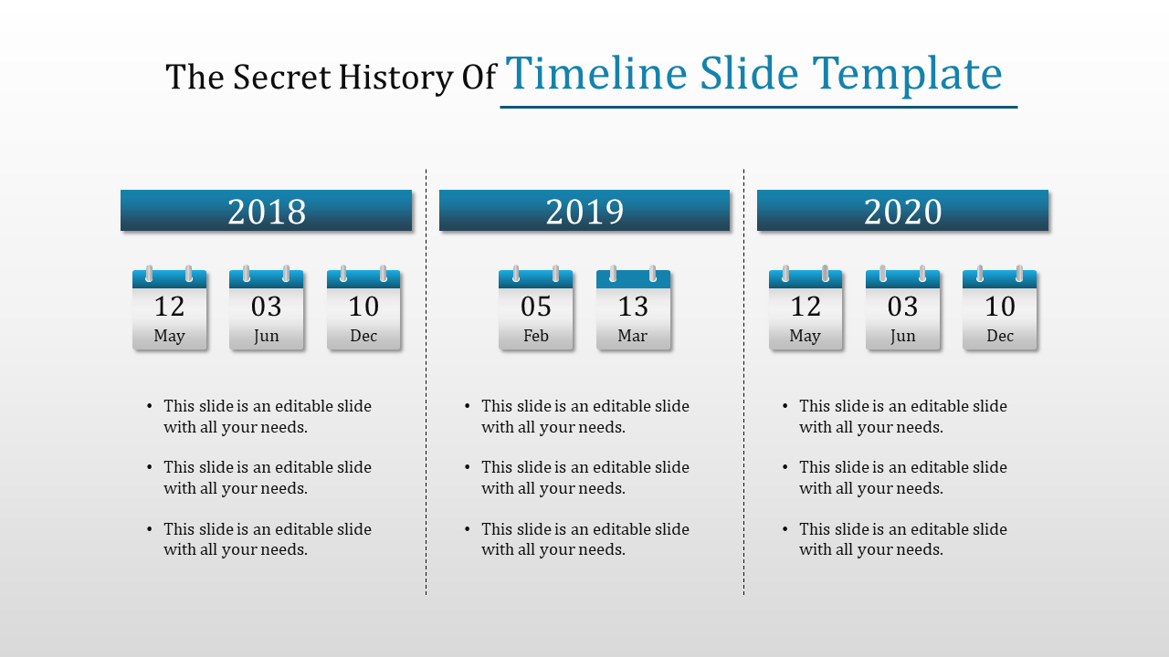 Timeline graphic split into three sections for years, each with blue calendar visuals showing specific months and days.