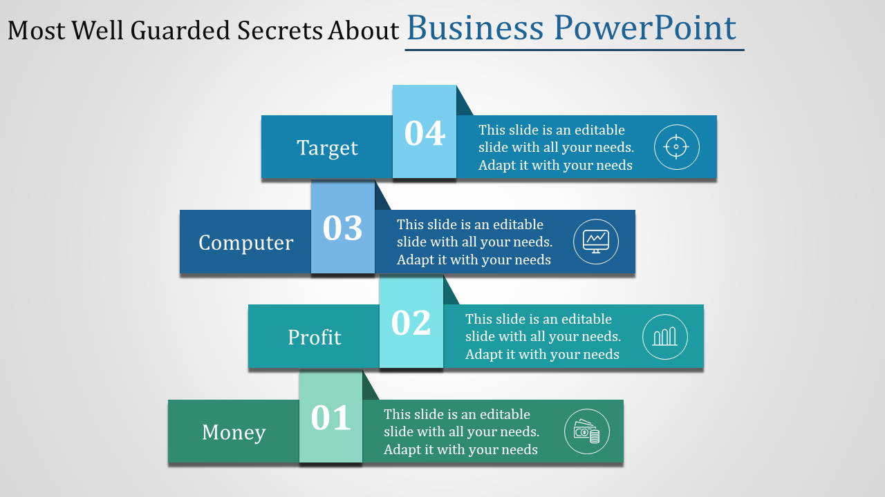 Business slide with staggered green and blue blocks numbered 01 to 04, containing titles, icons, and descriptions.