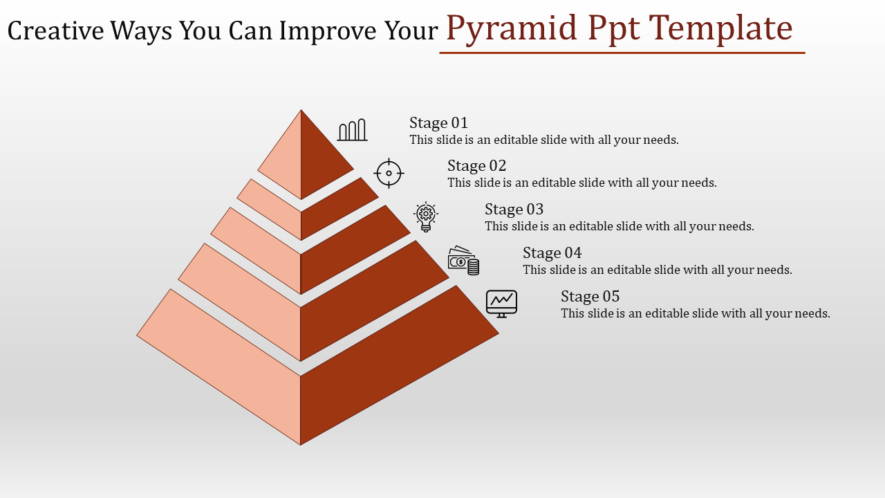 Orange pyramid diagram with five levels, each with icons and stage labels, set against a light backdrop.