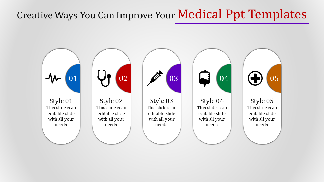 Five medical themed slide featuring icons such as heartbeat, stethoscope, syringe, IV bag, and cross, each with text.