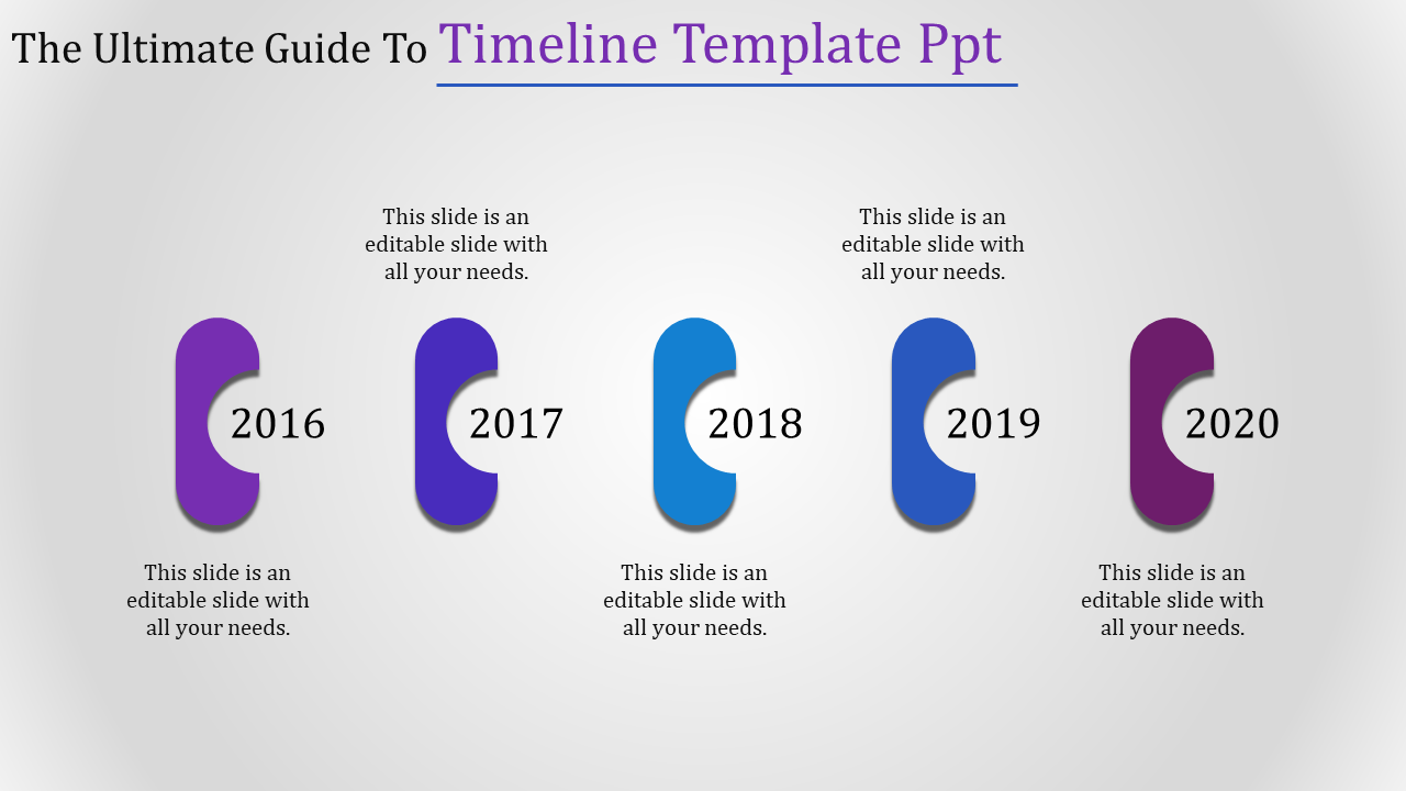 Horizontal timeline graphic with curved shapes in shades of purple and blue, each labeled with years from 2016 to 2020.