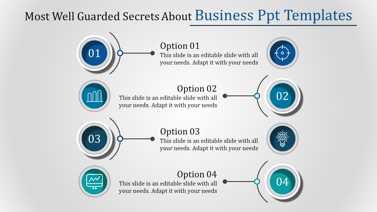 Four business themed slide options with icons representing growth, target, innovation, and analytics, all with captions.