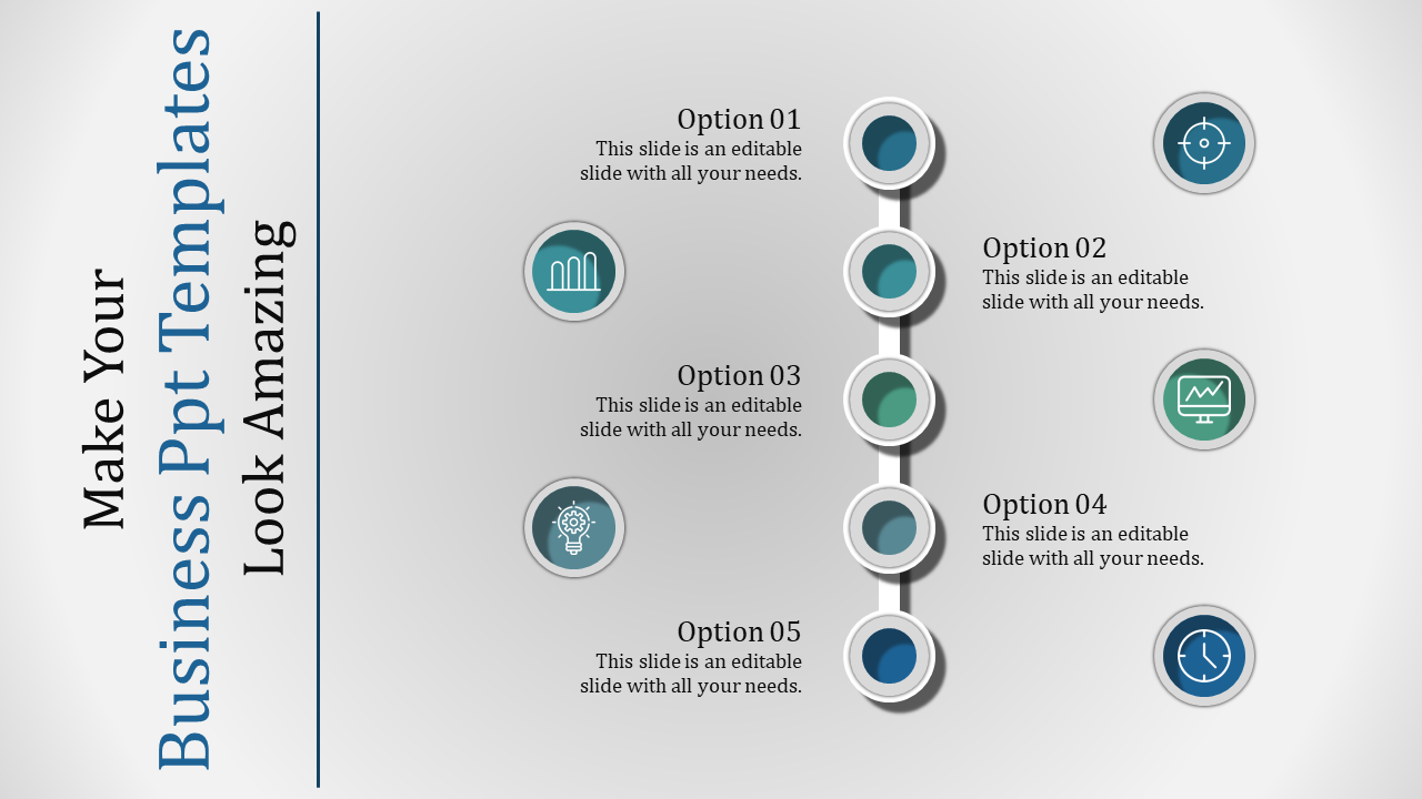 Vertical timeline design with five steps, each represented by a circular icon and placeholders text areas.