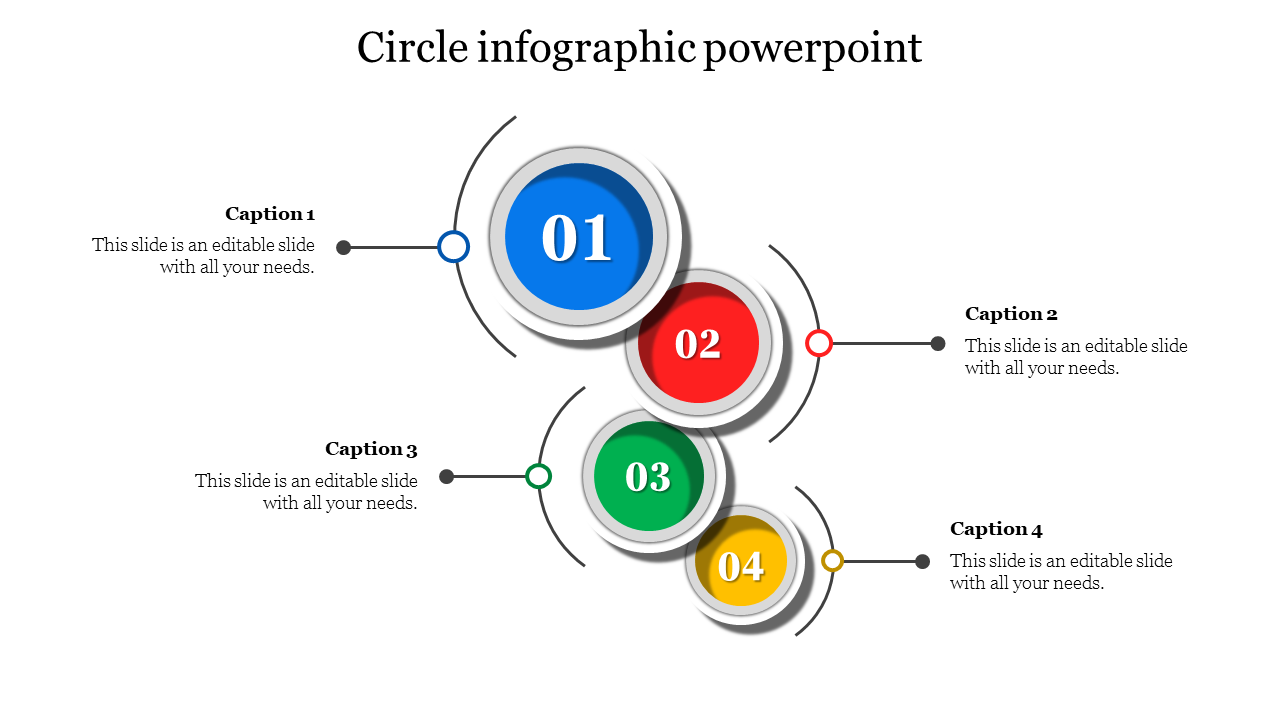 Circle infographic with four numbered circles in blue, red green and yellow  connected to captions on alternating sides.