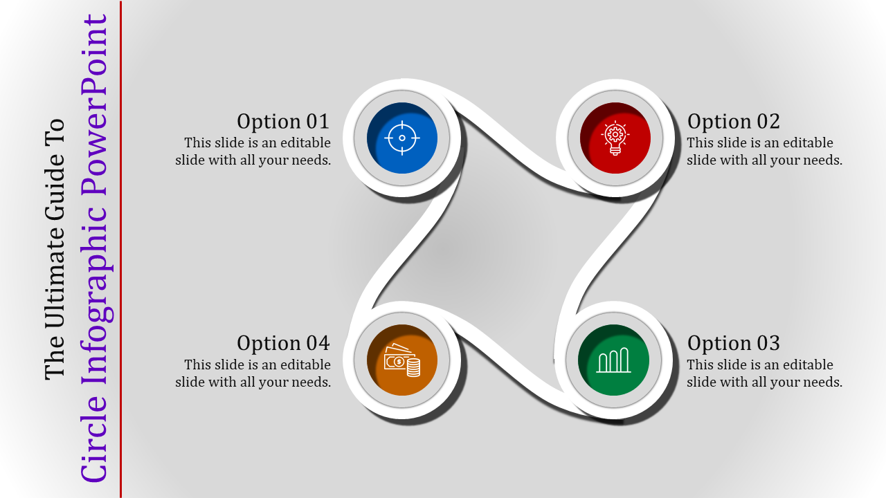 Circular infographic with four connected circles in blue, red, green, and orange, each containing icons and options.