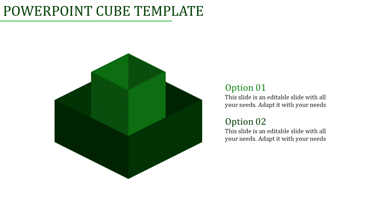 Green 3D cube structure in the center with two stacked layers, and labeled text options on the right.