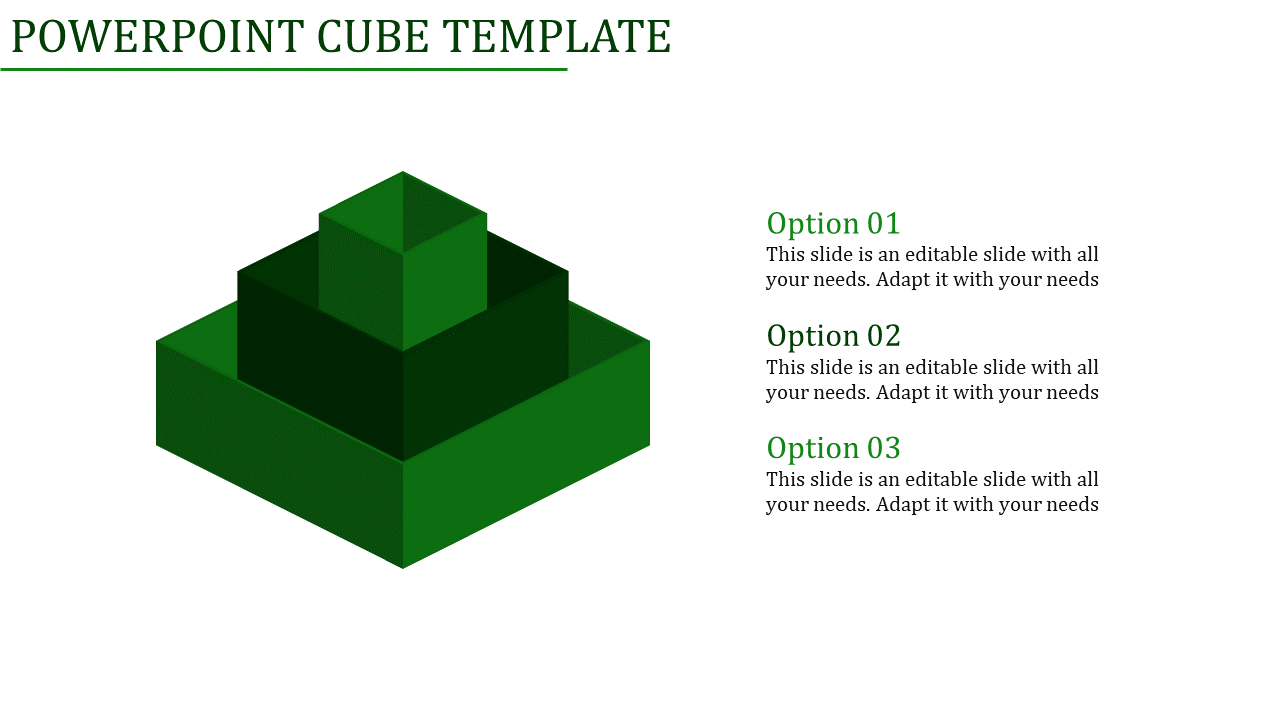 Three-dimensional cube infographic in green showcasing layered sections, with five caption areas.