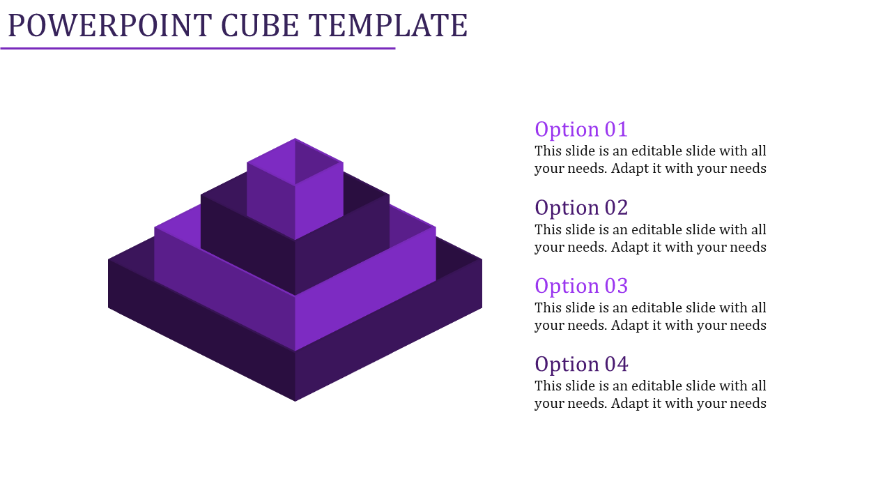 Four level purple pyramid design with captions areas and details displayed on the right in a white background.