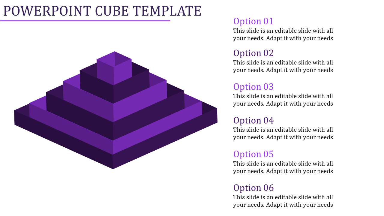 3D cube pyramid in purple tones on the left, paired with six numbered text options on the right.