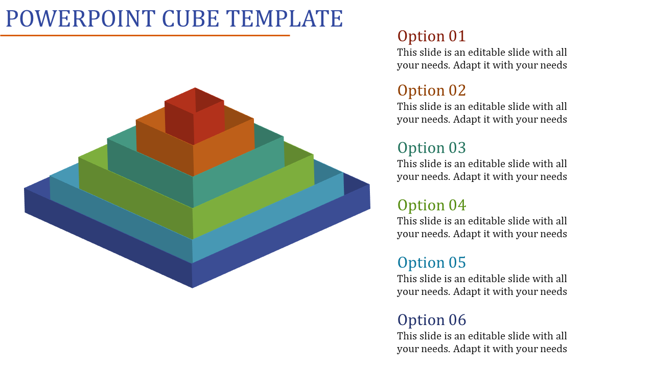 Cube template featuring a 3D stacked pyramid in gradient colors, with six text options aligned vertically on the right.