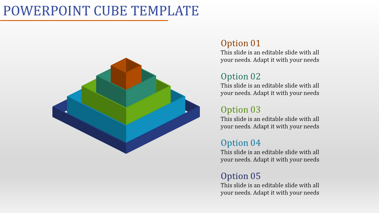 3D cube pyramid template with five ascending blocks in different colors, each linked to numbered text options.