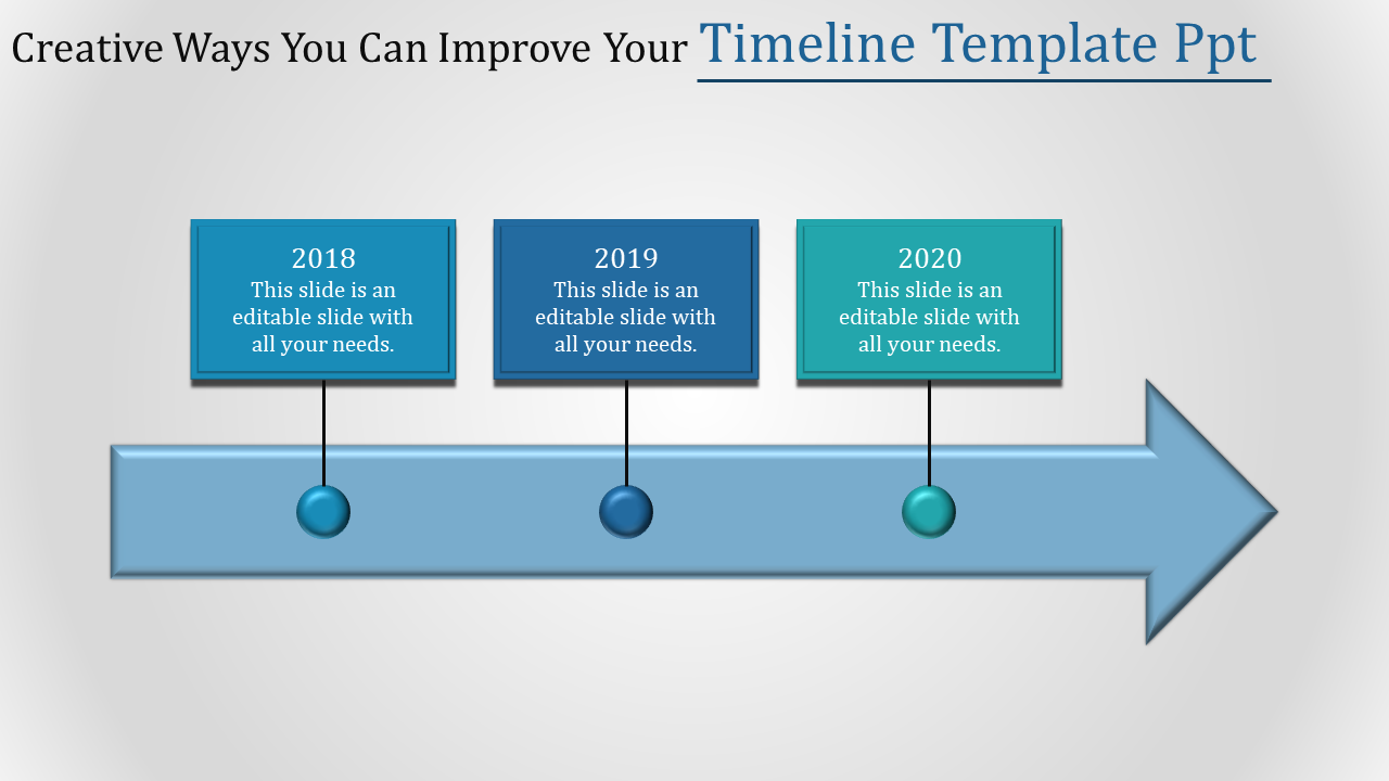 Colorful timeline slide with year markers for 2018, 2019, and 2020 with placeholder text.