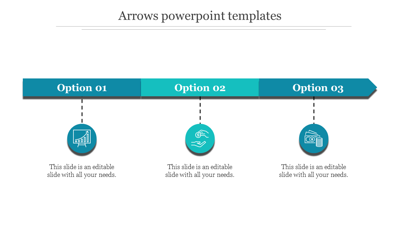 Arrow themed slide with three options labeled, connected to icons representing a growth chart, dollar exchange, and money.