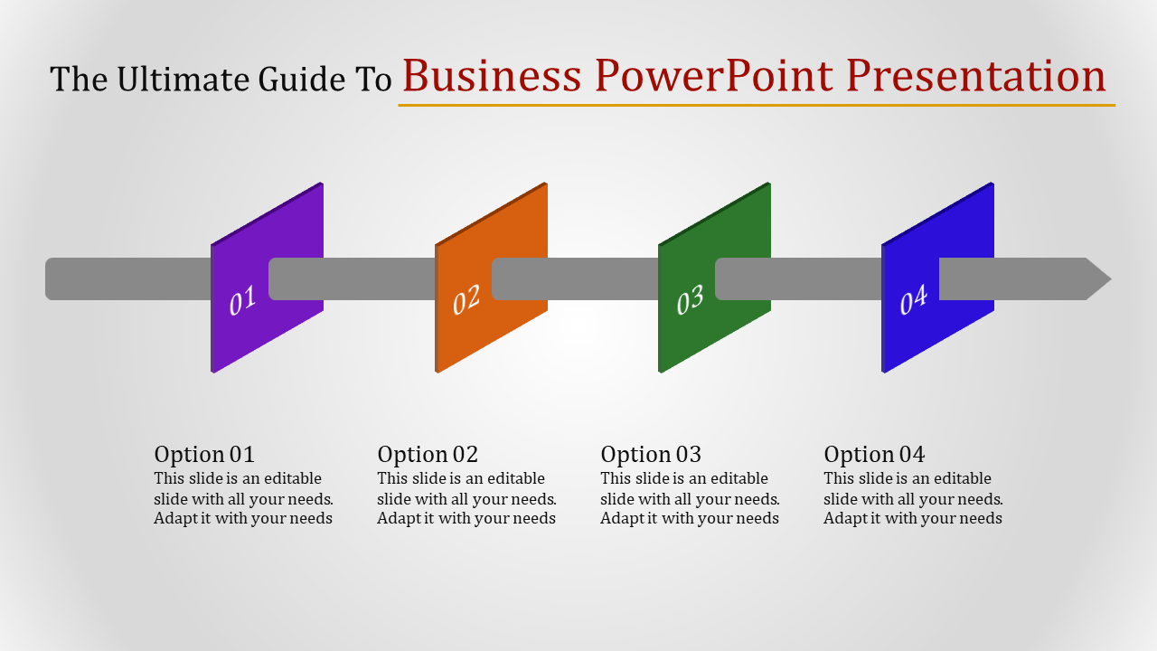 Business slide featuring a gray arrow with four numbered steps in purple, orange, green, and blue.