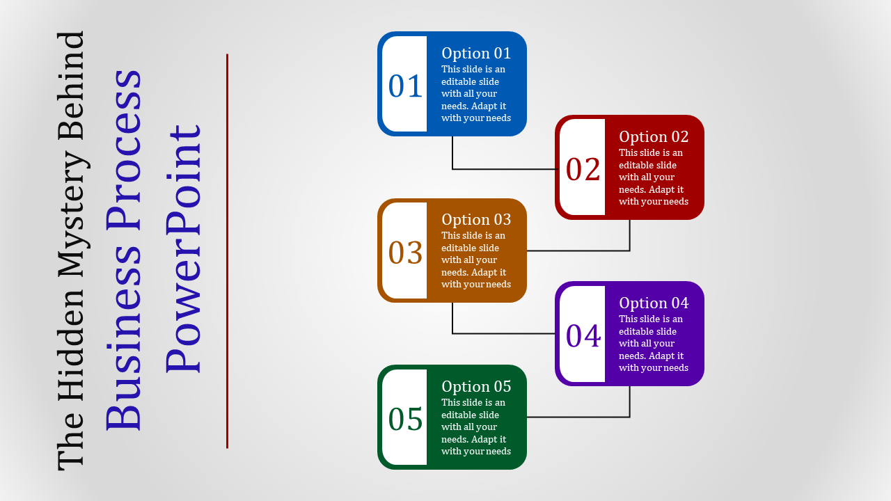 Five step business process flow with colorful boxes labeled 01 to 05, connected by lines, and left aligned vertical title.