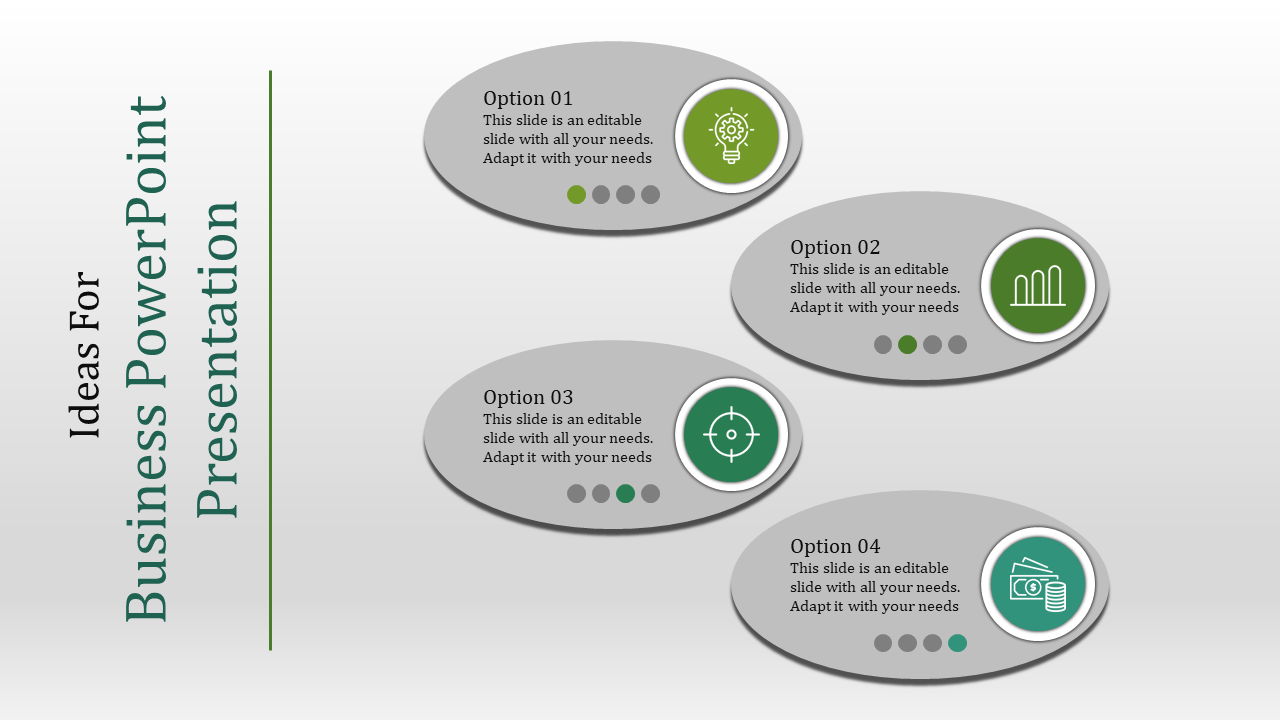 Four gray ovals with numbered options and green icons, arranged diagonally, and vertical title on the left.