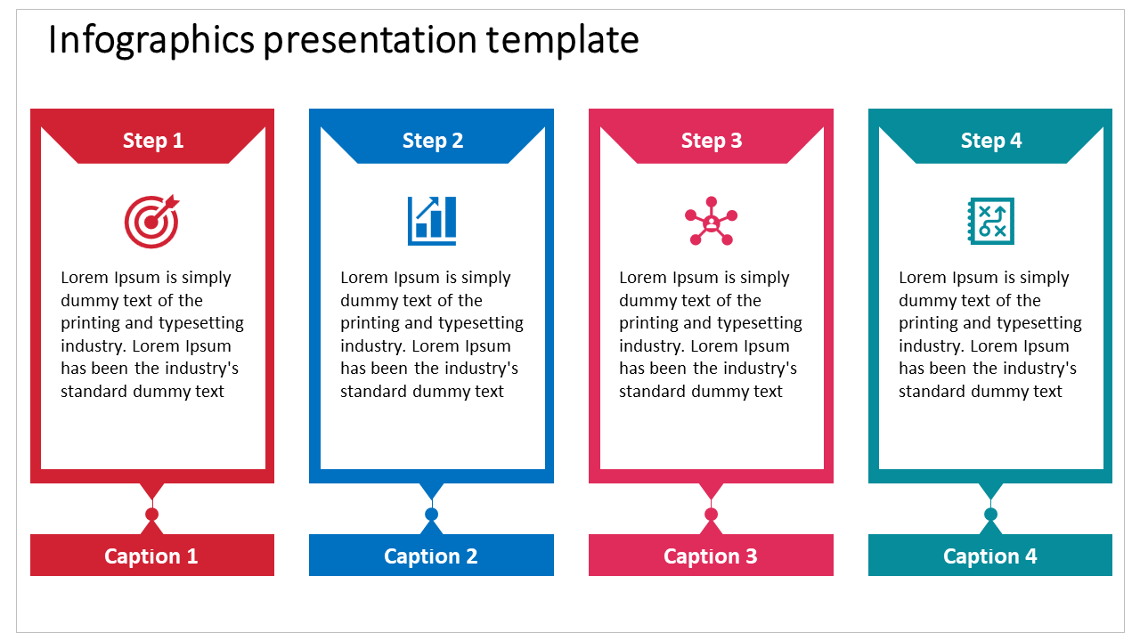 Infographic presentation template with four colored sections, each representing a step in a process, with placeholder text.