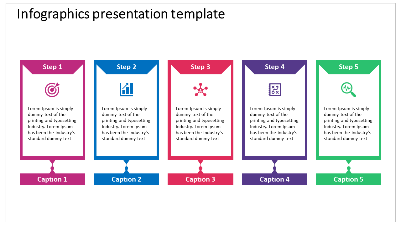 Infographic slide with five steps in colored boxes of pink, blue, red, purple, and green, each with icons and captions.