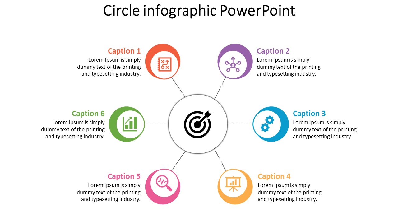 Circular infographic with six colored circles in a radial layout around a central target icon, each with caption.