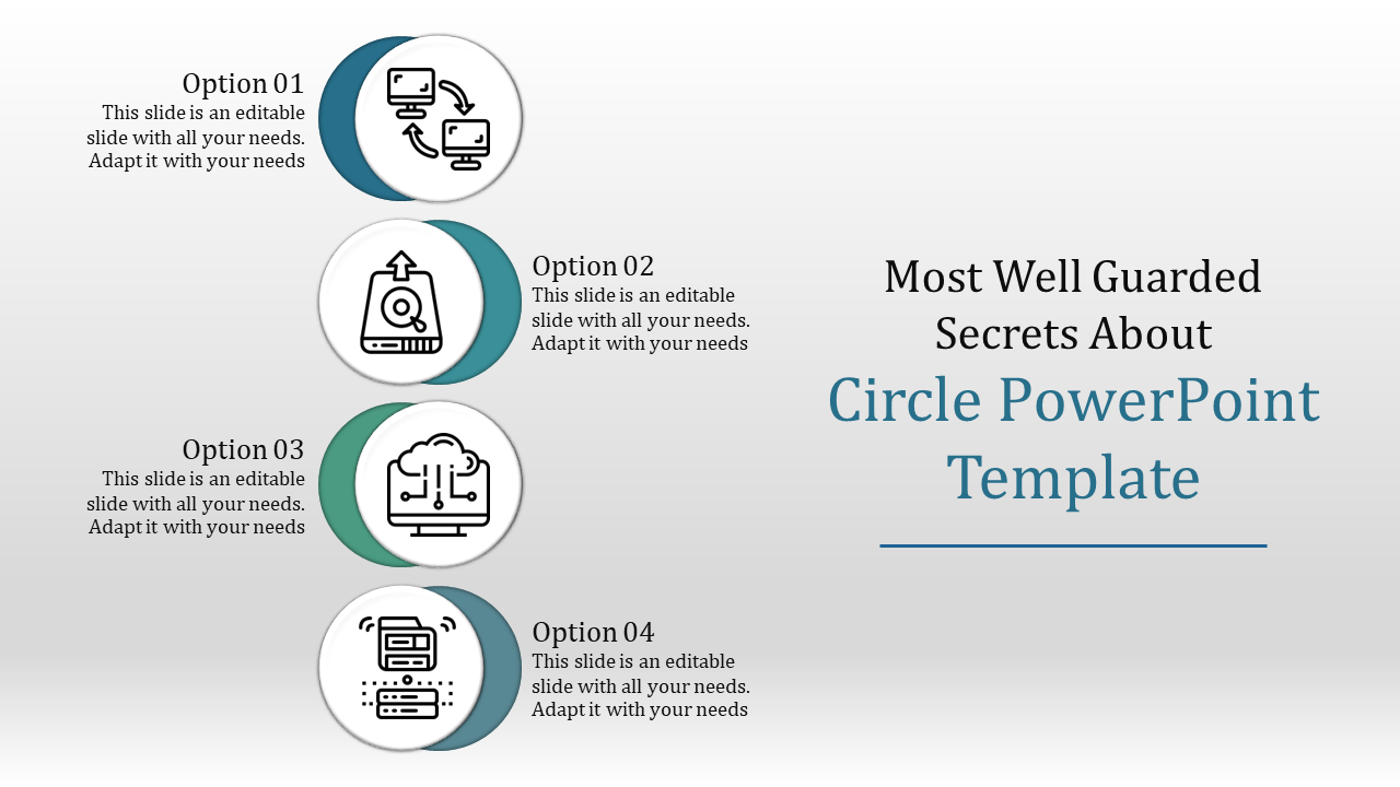 Circle PowerPoint template with four options and icons for various topics.