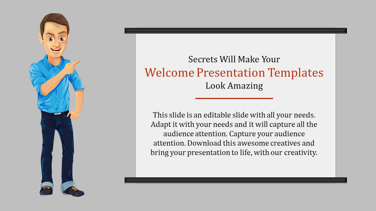 Slide design with a smiling cartoon man in blue shirt and dark pants pointing at a welcome presentation screen.