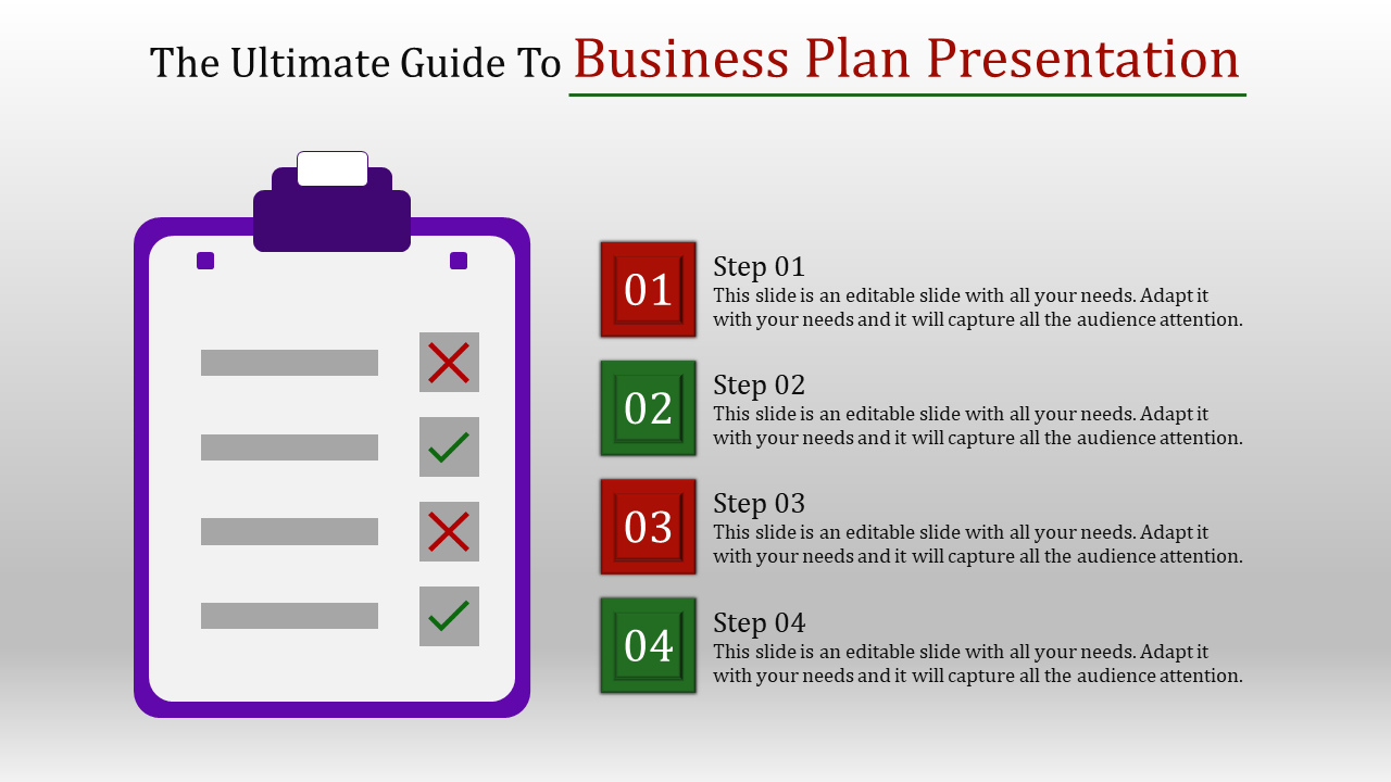 Business plan with a checklist on a clipboard and four sequential steps in alternating red and green boxes.