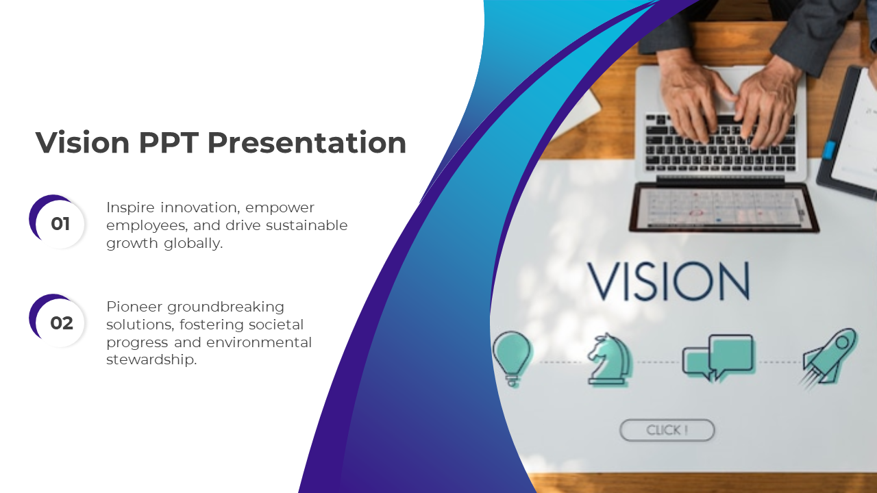 Vision themed slide with blue curved shapes, featuring a laptop image on the right, and two numbered points on the left.