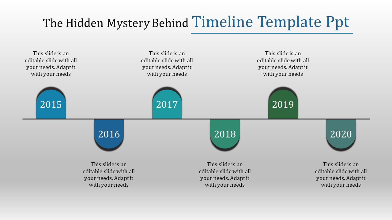 Timeline PowerPoint slide featuring years from 2015 to 2020 with icons below each year with placeholder text.