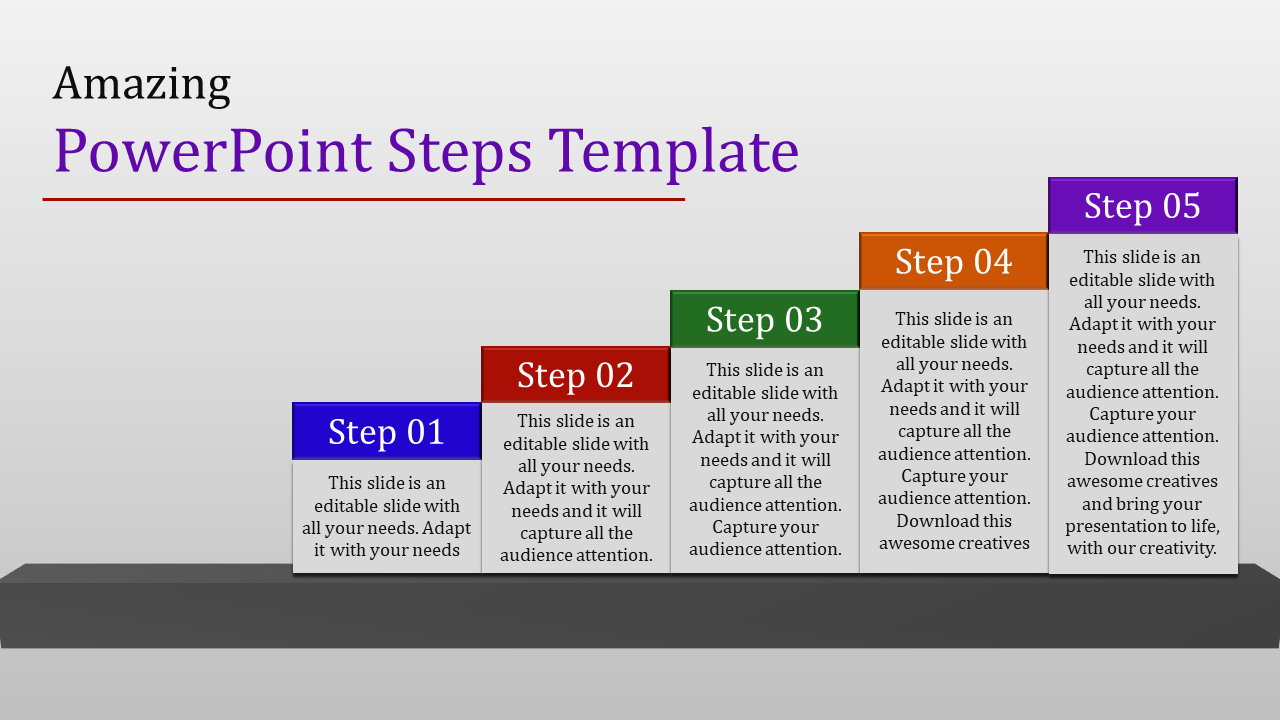 Five step slide with numbered blocks in ascending order from Step 01 to 05, each block containing text.