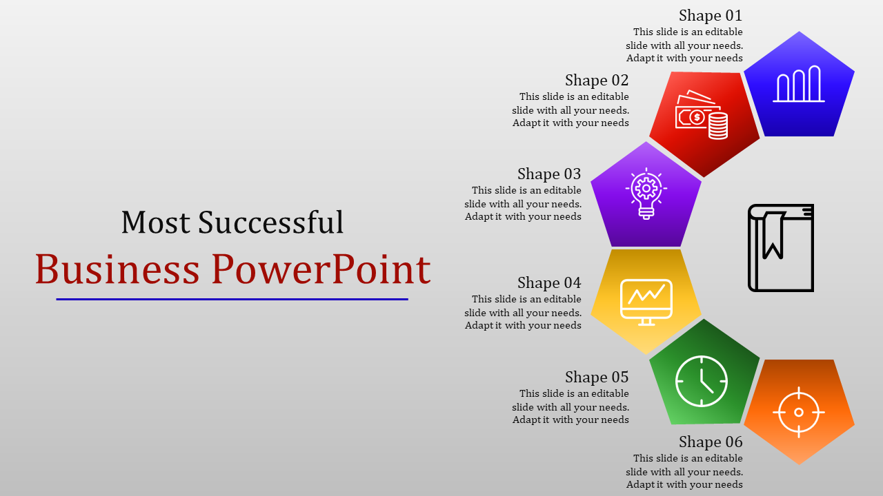 Six colorful hexagons stacked vertically, each with an icon inside, representing different business concepts, on the left.