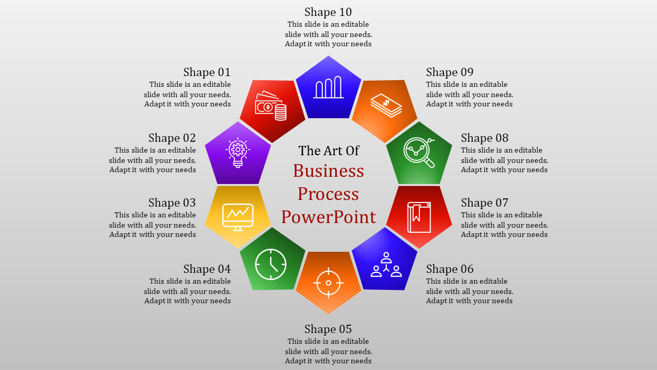 Business process PowerPoint template featuring shapes with icons, arranged in a circular flow with placeholder text.