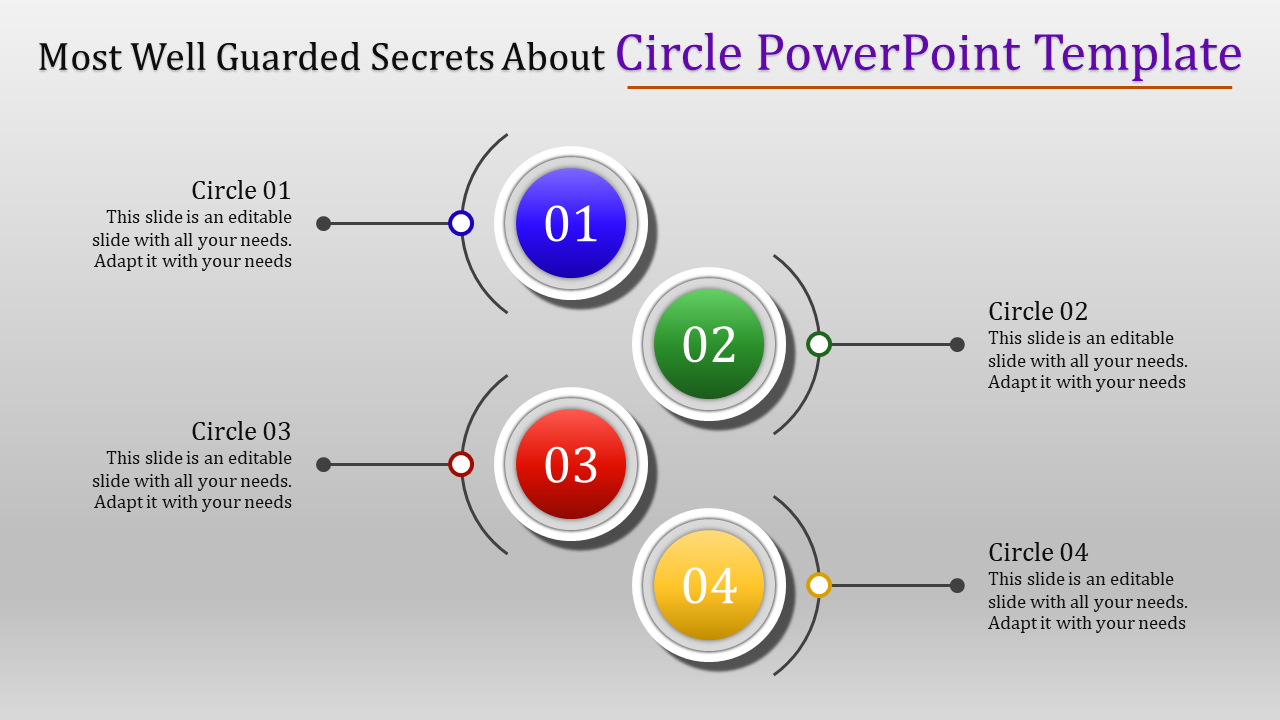 Slide with four colorful numbered circles in blue, green, red, and yellow, arranged in a connected flow layout.