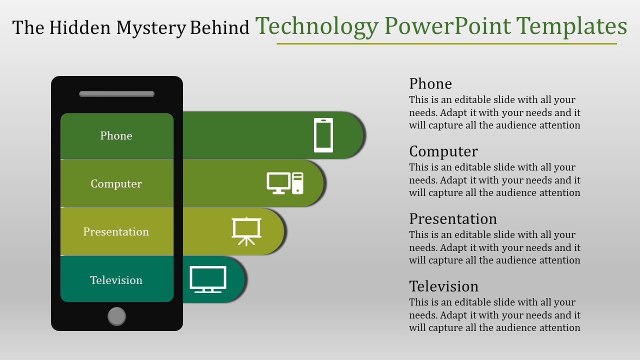 Technology themed slide featuring a vertical smartphone graphic with labeled horizontal bars and matching icons.