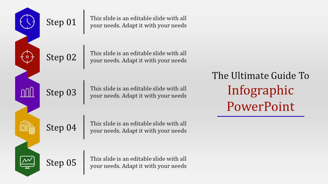 Infographic template featuring five sequential steps with unique hexagon icons in blue, red, purple, yellow, and green.