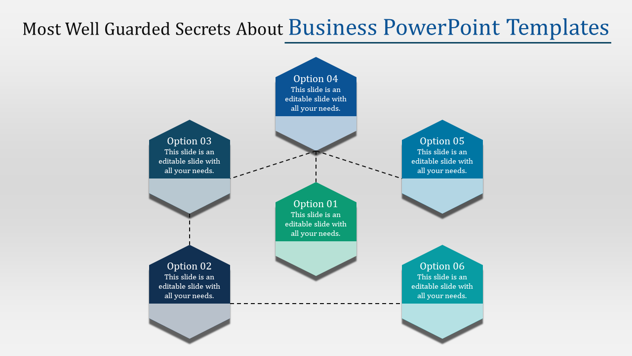 Business themed slide design featuring a hexagonal layout with six labeled options, using shades of green and blue.