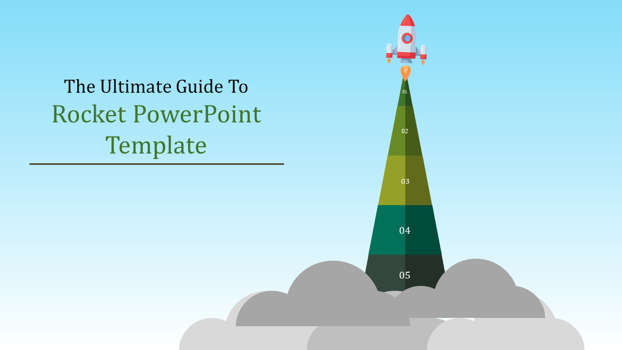 Rocket PowerPoint template featuring a rocket flying through clouds and a gradient colored pyramid.