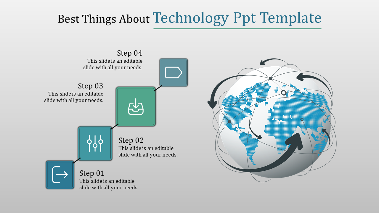 Technology slide with a four step icons in teal boxes, and a globe with arrows on the right illustrating connectivity.