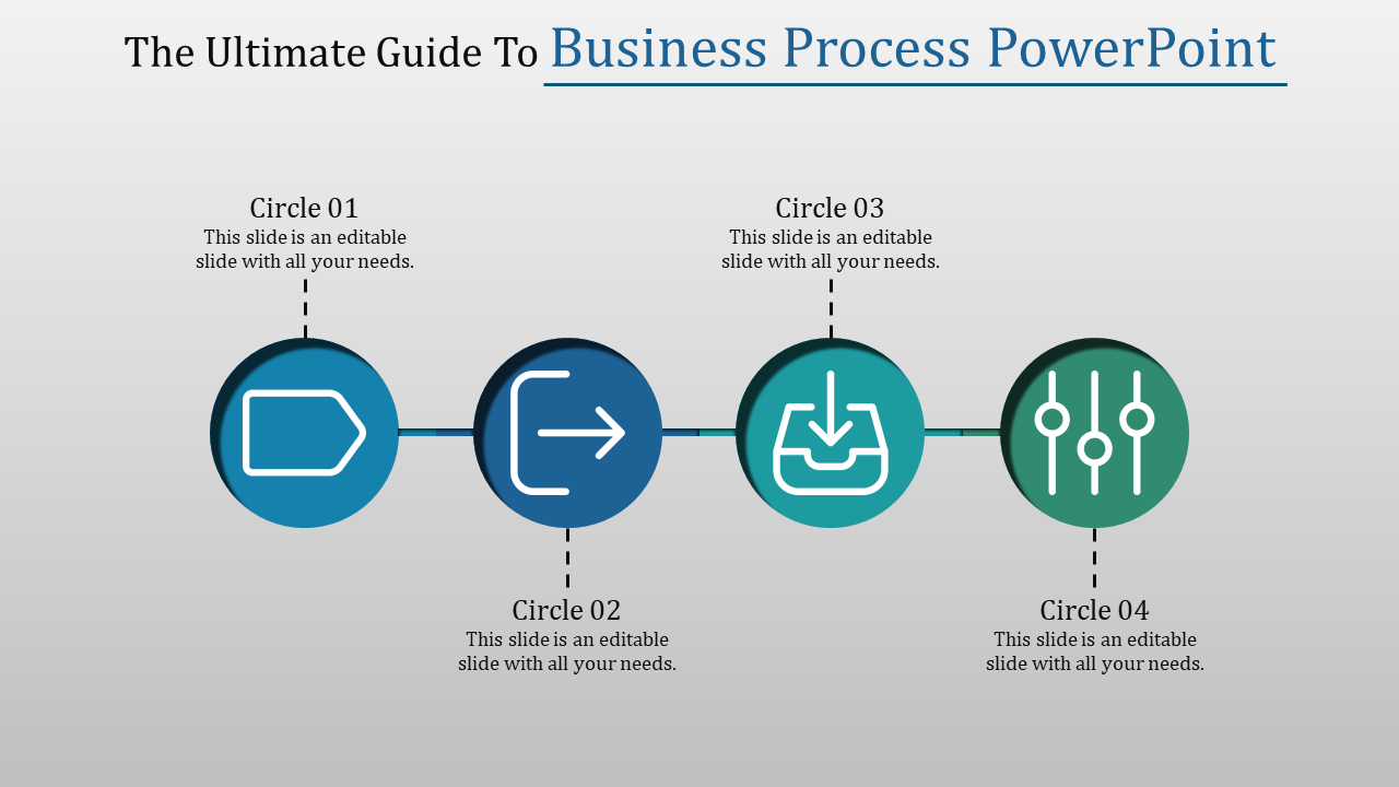 Business process template with four connected circles, each containing a different icon in agrey background.