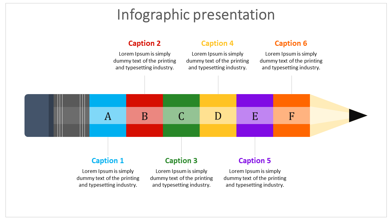 Pencil-shaped infographic divided into six color-coded sections labeled A to F, with captions above and below.