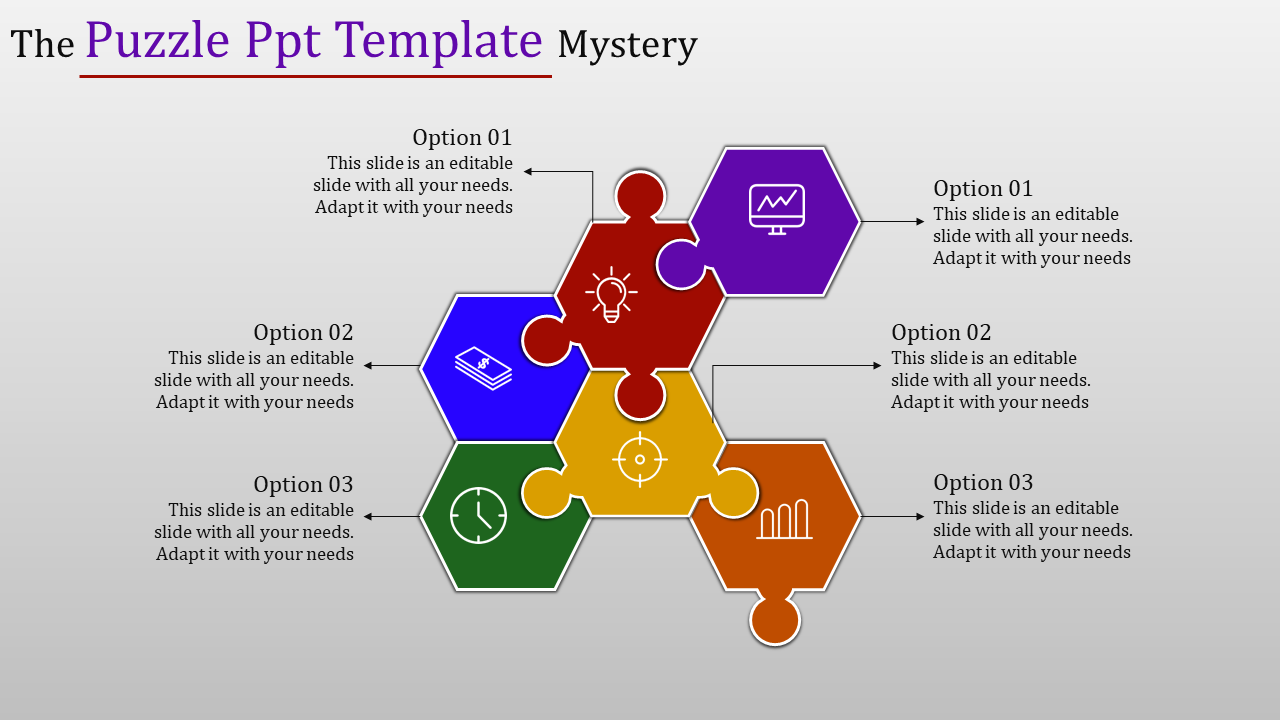 Six hexagonal puzzle pieces in different colors and icons representing various business concepts, surrounded by text labels.