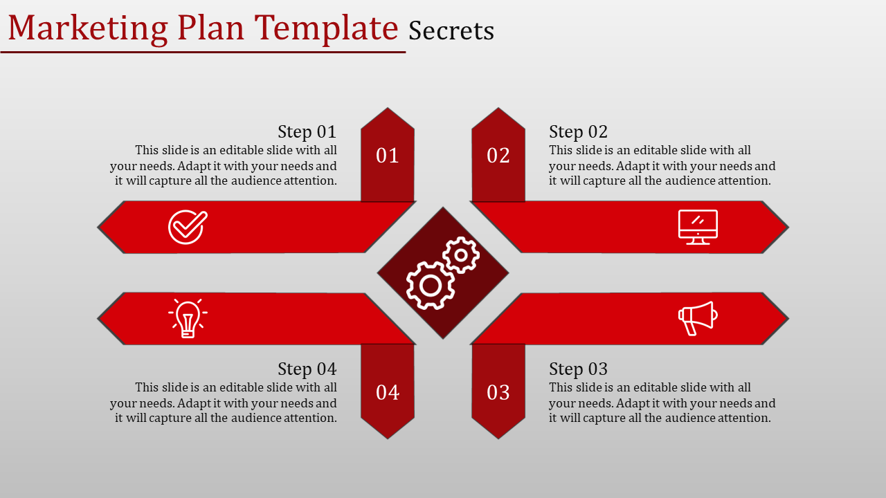 Marketing plan slide with four red arrow banners, featuring icons for steps, and a central gear symbol on a gray background.