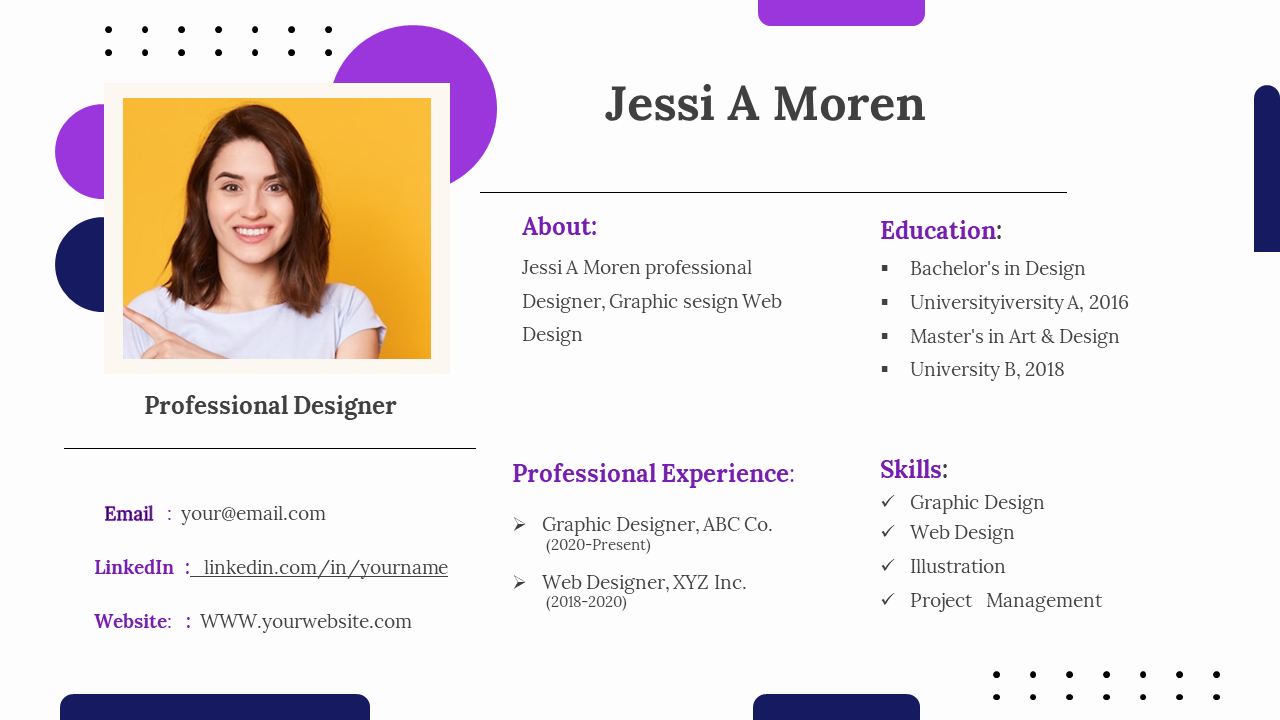 A portfolio template showcasing a professional designer's profile with sections for education, skills, and experience.