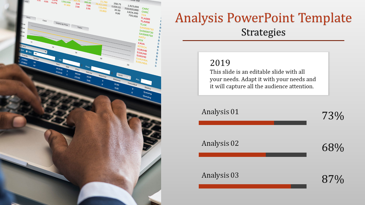 A person working on a laptop with analysis data, alongside bar charts with percentage and text box, on a gray background.