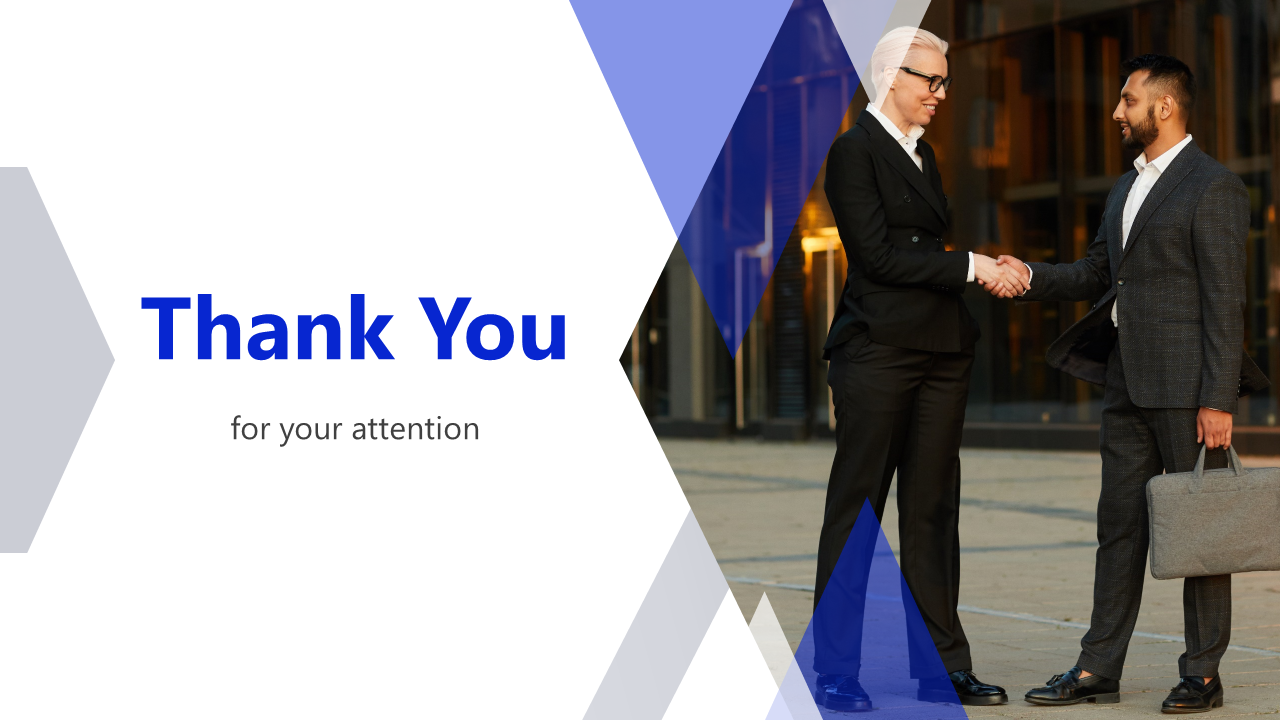 Business thank you slide featuring a handshake between two professionals in formal attire, with a geometric blue overlay.