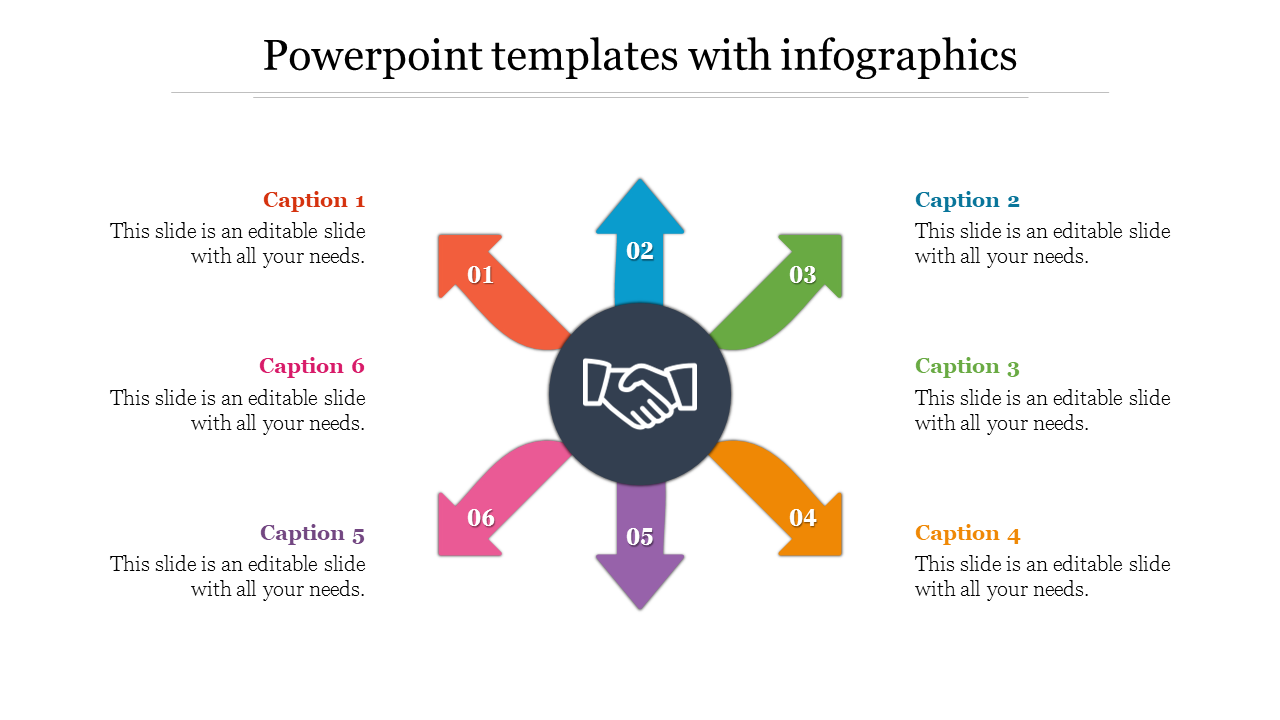 Infographic slide with six outward-pointing arrows, numbered 01 to 06, surrounding a central handshake icon.