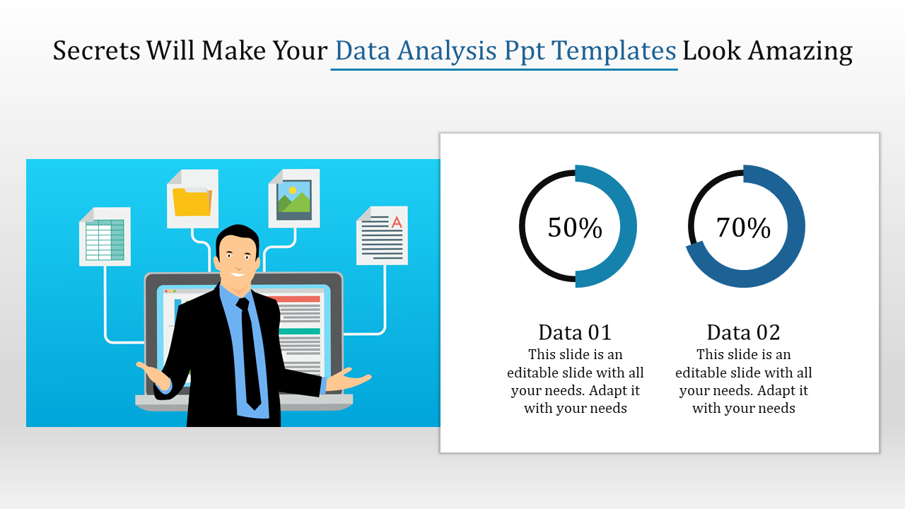 A slide with a data analysis theme, featuring a professional figure and two percentage progress bars for data points.