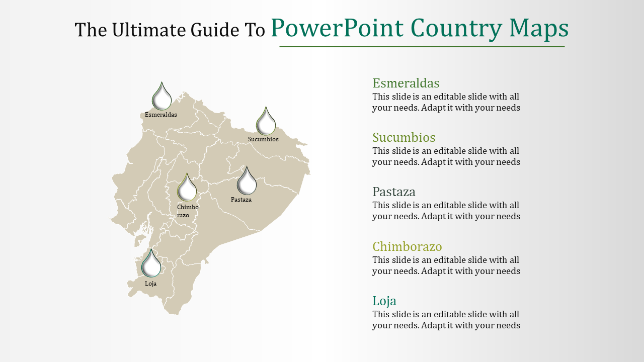 A beige country map with labeled regions marked by five white water drop icons, paired with colored captions on the right.