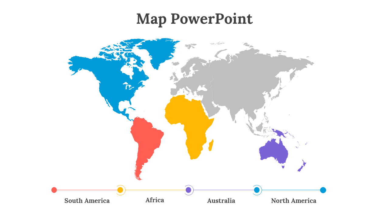 Colored world map showing North America, South America, Africa, and Australia, each highlighted in distinct shades.