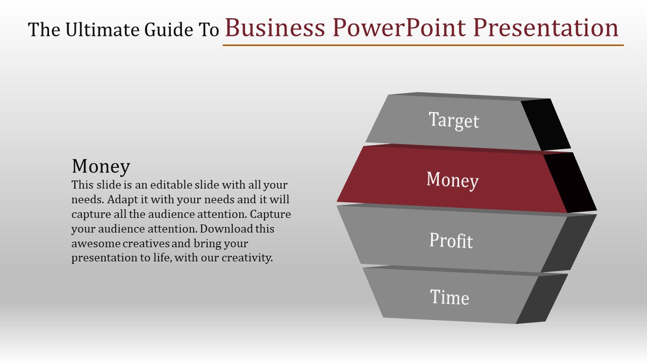 Four tier hexagonal infographic with a red middle section labeled money, on a gradient gray background.