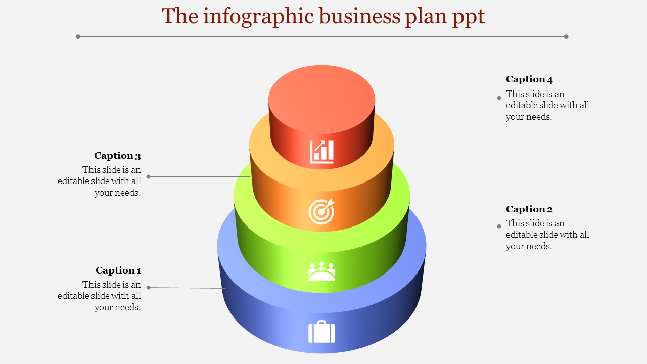 Infographic business plan slide featuring colorful pyramid with icons representing different business stages with captions.